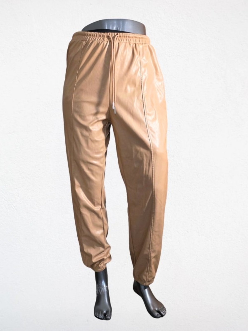 SHEIN Tan Faux Leather Joggers with Drawstring